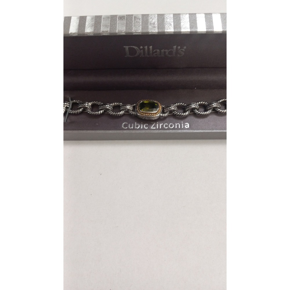 Dillards Olive Green Cubic Zirconia Rope Chain Toggle Bracelet Silver Gold Tone